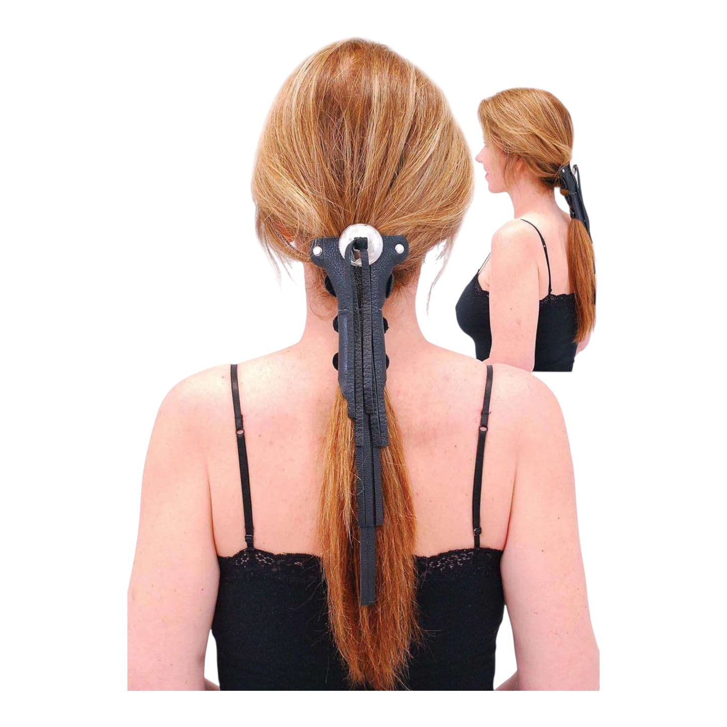 Urban Kevlar Long Genuine Black Leather Hair Tube With Hair Clip And Studded Hair Wrap Leather Ponytails - Urban Kevlar