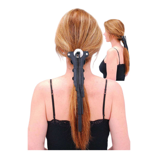 Urban Kevlar Long Genuine Black Leather Hair Tube With Hair Clip And Studded Hair Wrap Leather Ponytails - Urban Kevlar