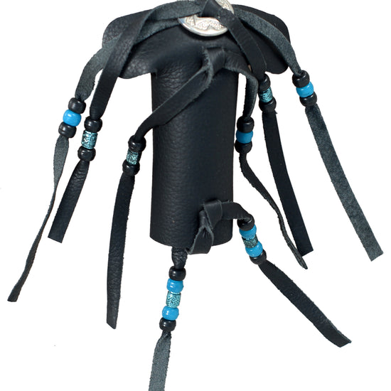 Urban Kevlar Long Genuine Black Leather Beaded Hair Tube With Hair Clip And Studded Hair Wrap Leather Ponytails