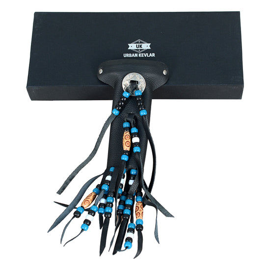 Urban Kevlar Long Genuine Black Leather Beaded Hair Tube With Hair Clip And Studded Hair Wrap
